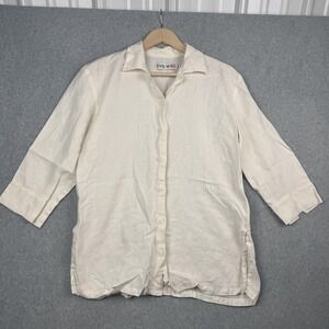 Vintage Jams World Shirt Womens M Cream 100% Linen Button 3/4 Sleeve Tunic USA